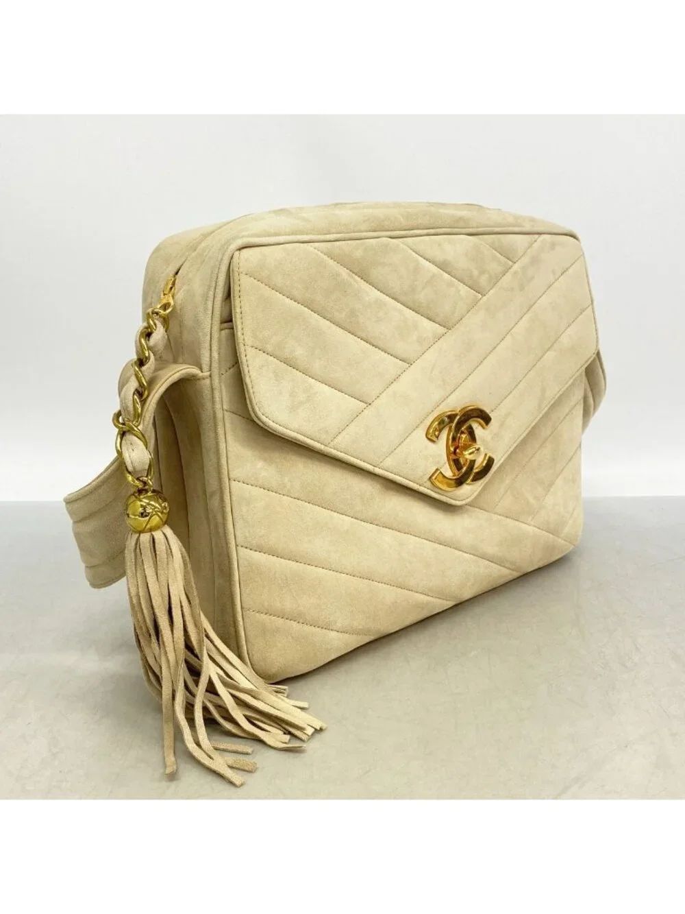 Chanel Shoulder Bag Suede Beige Gold